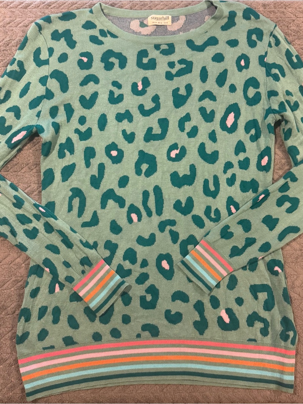 Sugarhill Brighton Mint Green Leopard-Print Crew Neck Sweater
